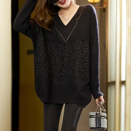 2024春季新款大码装半高领毛衣女中长款针织衫宽松显瘦拼色打底衫商品大图