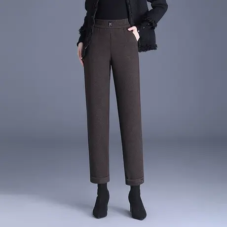 时尚毛呢小直筒裤女秋冬2023新款松紧高腰显瘦九分职业裤休闲裤厚商品大图