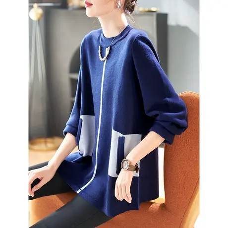 宝诗黎圆领慵懒长袖打底针织衫女宽松休闲套头毛衣2024春秋季新款商品大图