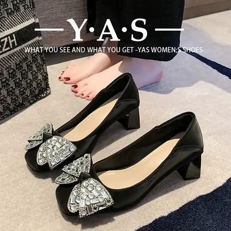 法式白色软皮方头高跟鞋女2024年春季水钻蝴蝶结气质两穿粗跟单鞋图片