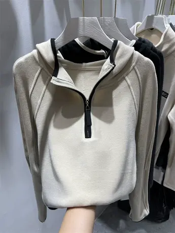 欧货连帽半拉链双面德绒卫衣女2024秋冬新款宽松拼接软糯显瘦上衣图片