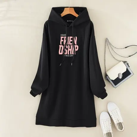 真维斯Z+女装 美式字母印花中长款卫衣女连帽慵懒风宽松上衣X图片
