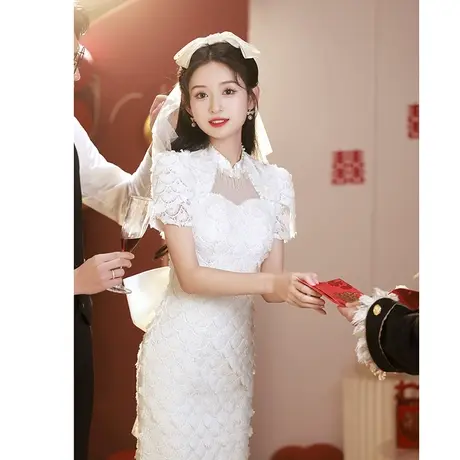 白色订婚小礼服夏季中式立领修身优雅旗袍裙高级轻奢蕾丝登记领证图片