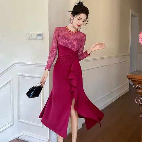 性感高开叉晚宴年会礼服平时可穿蕾丝拼接不规则圆领包臀连衣裙女商品大图