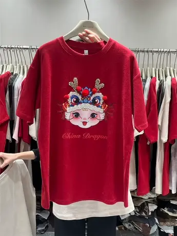 萌萌小龙女2024龙年新年春秋季加厚磨毛短袖t恤欧货重工水钻上衣商品大图
