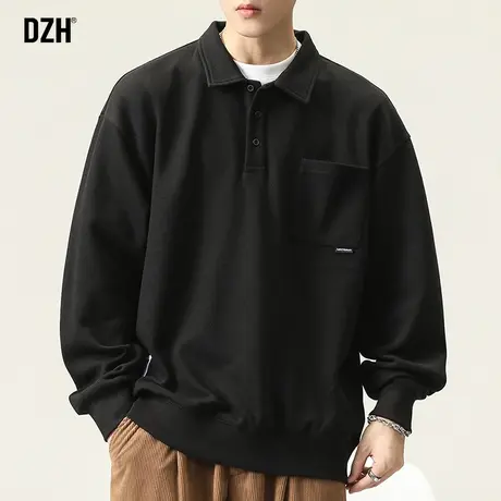 男士黑色潮牌卫衣男春季2024新款长袖打底衫翻领polo简约纯色上衣商品大图
