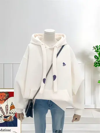 2024春季新款卫衣女薄款韩版宽松纯色连帽长袖牙刷绣爱心大口袋潮图片
