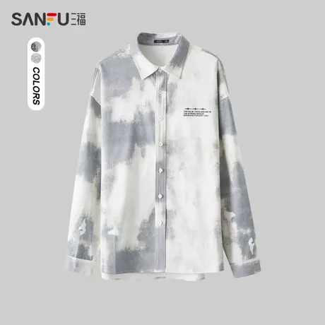 三福2024春季男士满版印花长衬衫 潮流宽松翻领纯棉上衣482461图片
