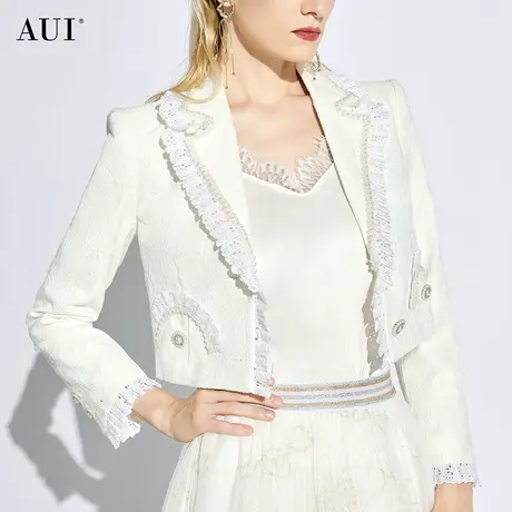 AUI杏色名媛气质设计感短外套女2024春秋新款高级蕾丝小西装上衣图片