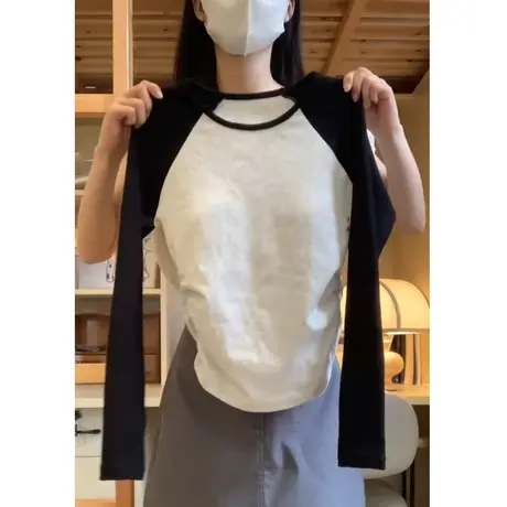 拼色褶皱下摆长袖T恤女春装2024新款修身设计感内搭打底衫上衣潮商品大图