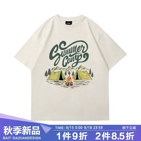 原创夏日徒步小众不撞衫个性印花米色纯棉短袖t恤男宽松情侣半袖商品大图