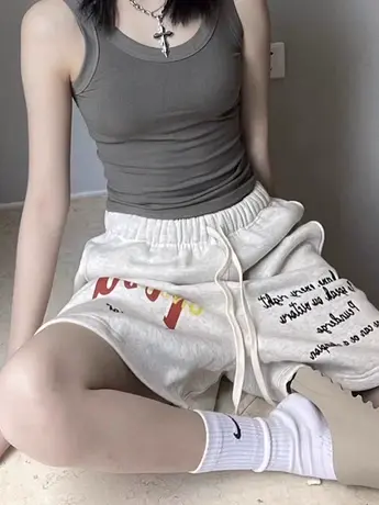 美式篮球运动短裤女夏季薄款高街小个子宽松百搭直筒阔腿裤五分裤商品大图