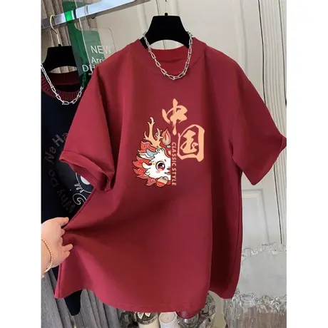 纯棉短袖T恤半袖女中长款遮屁股显瘦款打底衫红色上衣春秋季内搭图片