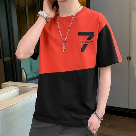 男士夏装短袖T恤纯棉新款大码宽松T恤男圆领港风休闲拼接撞色外套商品大图