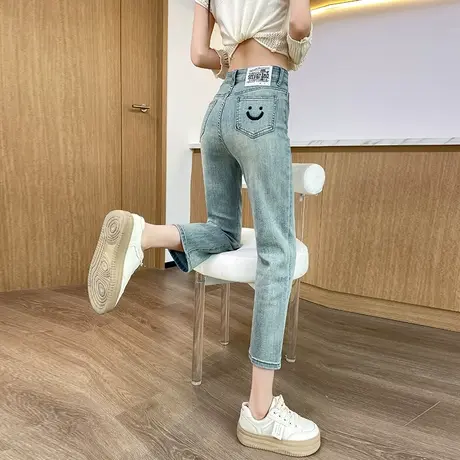 高腰弹力直筒牛仔裤女2024春夏新款小个子九分显瘦小脚法棍烟管裤图片