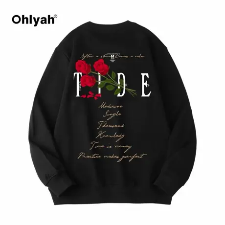 Ohlyah玫瑰印花大码卫衣男女春秋2023款学生宽松休闲百搭班服定制商品大图