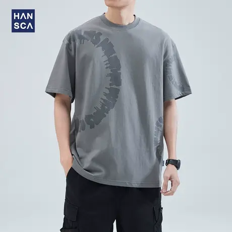 hansca 美式圆领潮牌印花短袖t恤男夏季新款宽松休闲简约大码上衣商品大图
