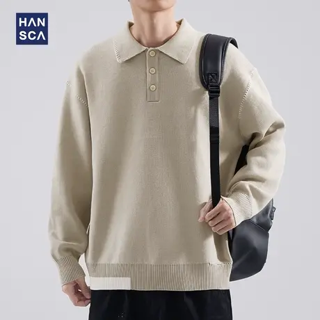 hanscaPolo领毛衣男秋冬季纯色简约慵懒风宽松大码内搭翻领针织衫商品大图