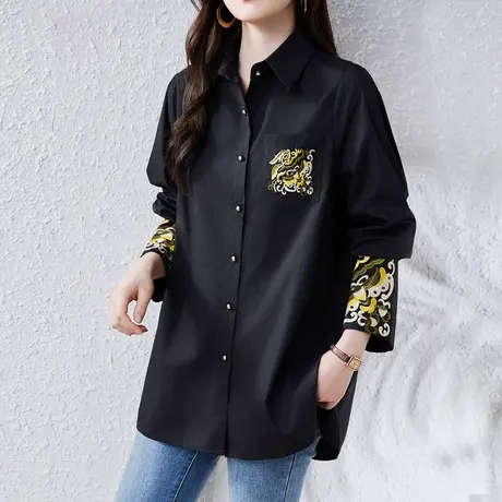 长袖衬衫女春秋新款加肥加大码女装宽松民族风刺绣中长款休闲上衣图片