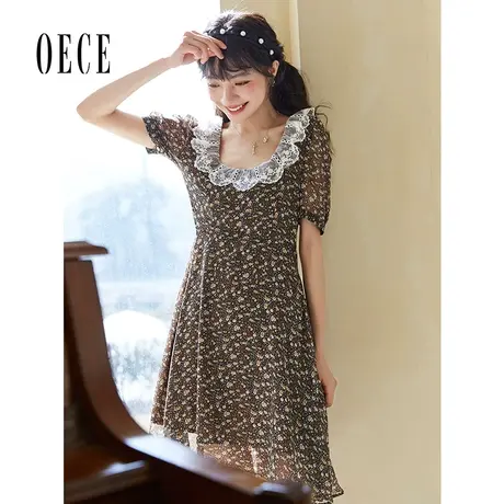 Oece复古小碎花裙子夏装新款女装法式气质春款高腰短袖连衣裙图片