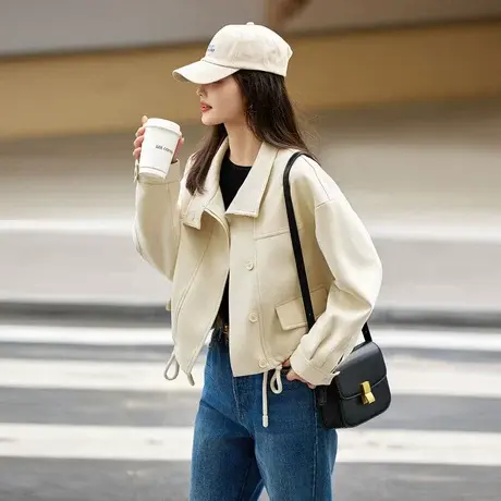 时尚气质外套2024年春季新款拼接皮面通勤百搭减龄街头感上衣商品大图