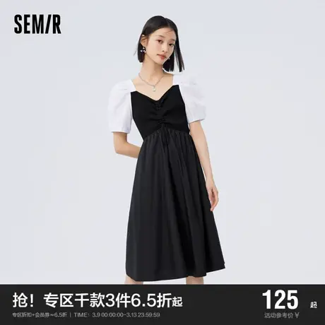 森马连衣裙女修身撞色泡泡袖2023新款夏季气质抽绳拼接小黑裙时尚图片