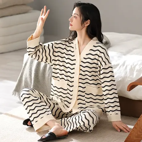 婷美新款高档睡衣女士纯棉春秋季开衫长袖休闲秋冬季家居服两件套商品大图