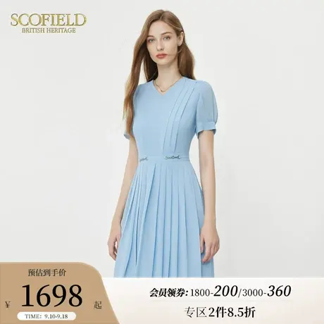 Scofield通勤V领纯色气质褶皱收腰百褶连衣裙女装2023年夏季新款图片