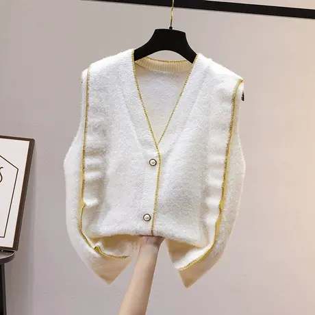 水貂绒花边针织马甲背心外穿2023年春季新款V领小香风女开衫外套商品大图