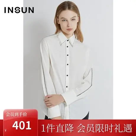 恩裳2023年春款新款经典廓形撞色纽扣绣花舒适棉质白衬衫图片