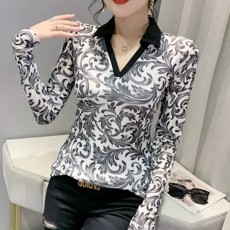 时尚网纱印花打底衫女长袖欧货设计感拼色V领T恤修身性感气质上衣图片