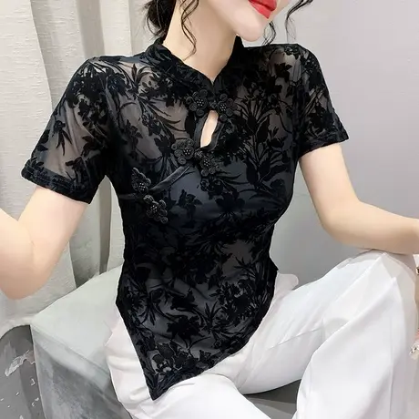 中式复古盘扣上衣女短袖夏季性感网纱立领T恤不规则开叉收腰小衫商品大图