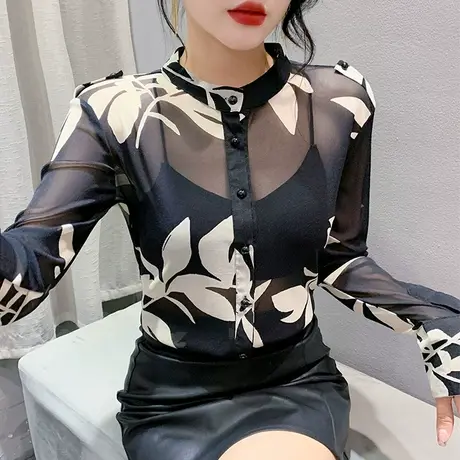 秋季新款排扣POLO领衬衫性感网纱扎染印花上衣洋气修身减龄打底衫图片