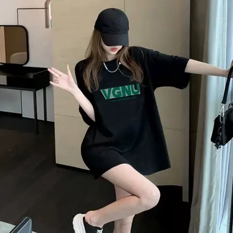 纯棉短袖t恤女2023新款夏季宽松百搭半袖体恤中长款遮屁股上衣潮商品大图