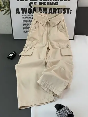 2023夏季新款弹力工装裤女高腰显瘦韩版大口袋翻边宽松直筒长裤潮图片