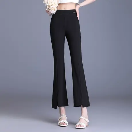 时髦开叉九分微喇裤女夏季2023新款黑色修身通勤西装喇叭裤休闲裤图片