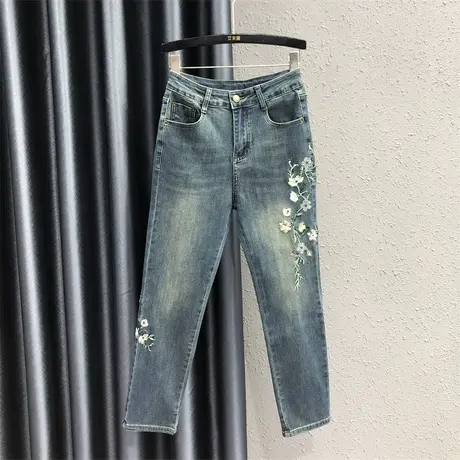 欧货重工花朵刺绣牛仔九分裤女23秋季新款港风复古高腰显瘦哈伦裤商品大图