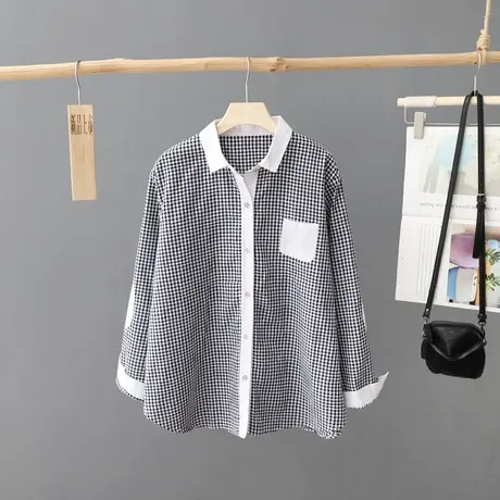 2023年秋装新款小格子长袖衬衫女宽松拼色休闲衬衣百搭上衣打底衫图片