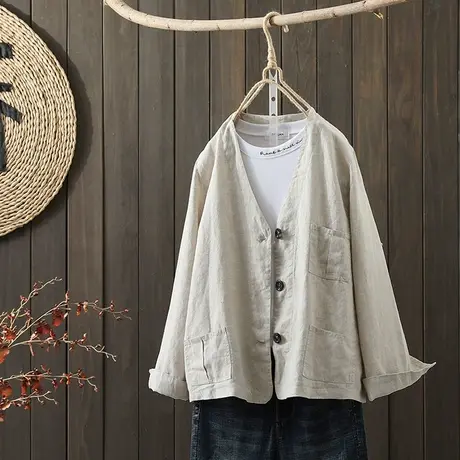 枫谜2021年秋装新款文艺简约棉麻V领短款外套女宽松休闲亚麻上衣商品大图