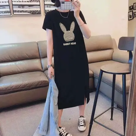 薄款黑色连衣裙女夏季2023新款纯棉短袖t恤长裙开叉休闲懒人裙子图片