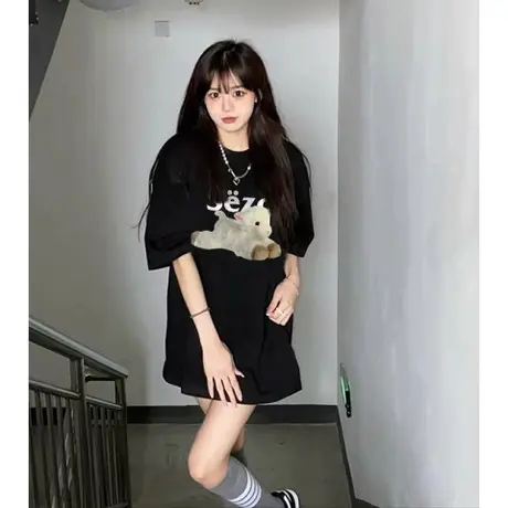 美式复古纯棉短袖t恤女2023夏季宽松潮牌ins设计感小众半袖上衣服商品大图