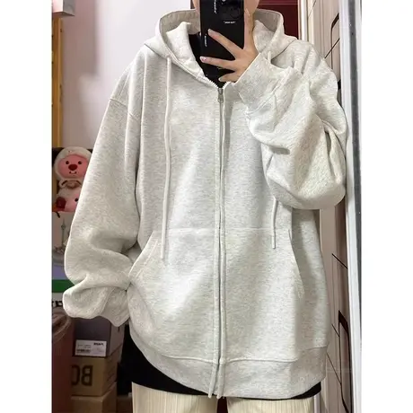 美式复古oversize卫衣女2023春秋宽松慵懒风连帽上衣薄款开衫外套图片