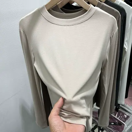 欧货纯色百搭圆领长袖T恤女2023早秋新款柔软修身打底衫体恤上衣商品大图