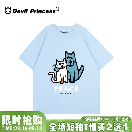 ulzzang卡通潮牌小个子正肩天空蓝短袖t恤女宽松学院风纯棉上衣夏商品大图