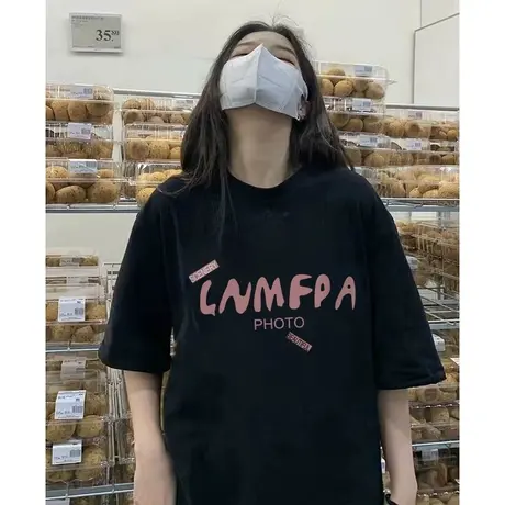 黑色纯棉短袖t恤女夏季2023新款美式复古小众设计感宽松半袖上衣商品大图