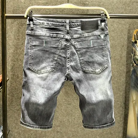 黑灰色潮牌破洞短裤男修身中裤子潮流小众设计口袋刺绣五分牛仔裤商品大图