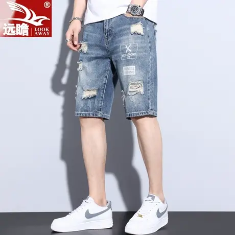 男士牛仔短裤夏季薄款宽松直筒中裤潮牌休闲马裤破洞五分裤子男款商品大图