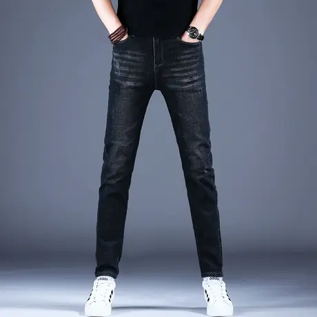 男士黑色牛仔裤男款高端潮牌裤子男秋款薄款修身小脚休闲男裤弹力商品大图