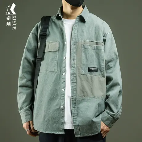 希越高级感休闲工装衬衫男拼接撞色秋季宽松大码个性帅气通勤外套商品大图