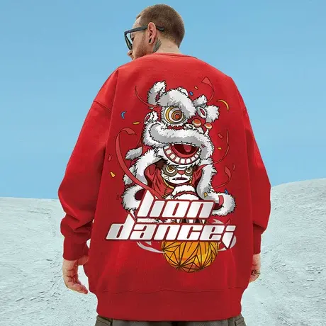红色卫衣圆领2023加肥加大醒狮oversize大码男装衣服加绒秋季无帽商品大图